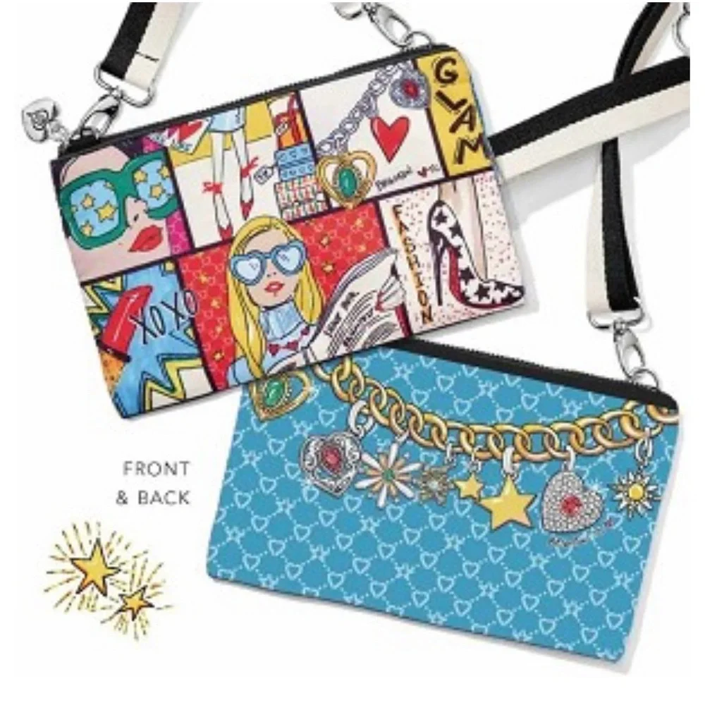 Brighton Multicolor Comic Print Crossbody Bag with Pink Lining